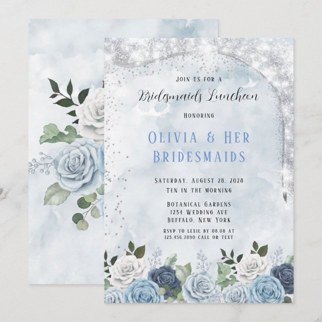 Dusty Blue Watercolor Floral Bridesmaids Luncheon  Invitation (Front/Back)