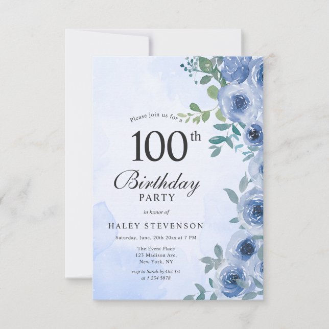 Dusty Blue Watercolor Floral Chic 100th Birthday Invitation (Front)