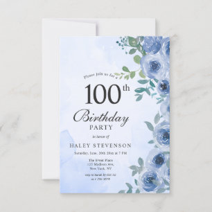 Dusty Blue Watercolor Floral Chic 100th Birthday Invitation