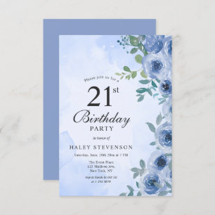 Dusty Blue Watercolor Floral Chic 21st Birthday Invitation