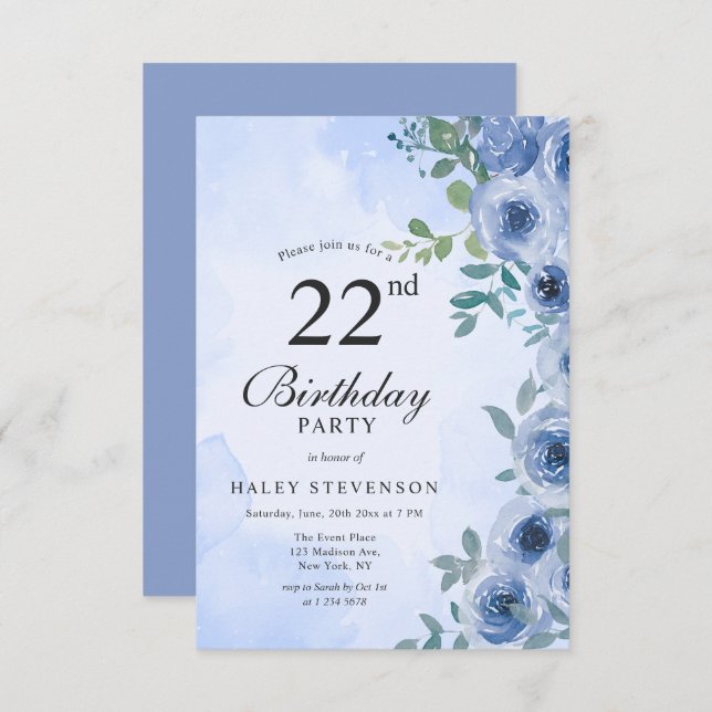 Dusty Blue Watercolor Floral Chic 22nd Birthday Invitation (Front/Back)