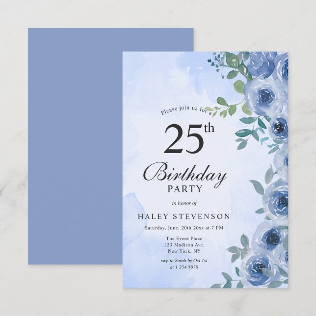 Dusty Blue Watercolor Floral Chic 25th Birthday Invitation (Front/Back)