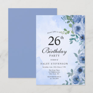 Dusty Blue Watercolor Floral Chic 26th Birthday Invitation