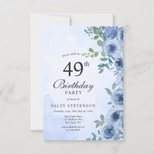Dusty Blue Watercolor Floral Chic 49th Birthday In Invitation