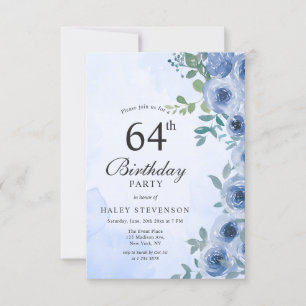 Dusty Blue Watercolor Floral Chic 64th Birthday In Invitation