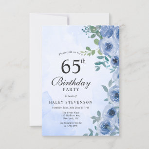 Dusty Blue Watercolor Floral Chic 65th Birthday In Invitation