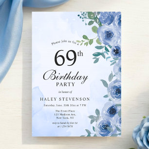 Dusty Blue Watercolor Floral Chic 69th Birthday In Invitation