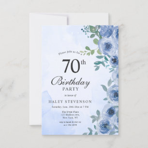 Dusty Blue Watercolor Floral Chic 70th Birthday In Invitation