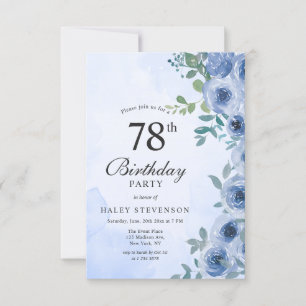 Dusty Blue Watercolor Floral Chic 78th Birthday In Invitation