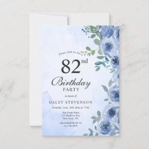 Dusty Blue Watercolor Floral Chic 82nd Birthday In Invitation