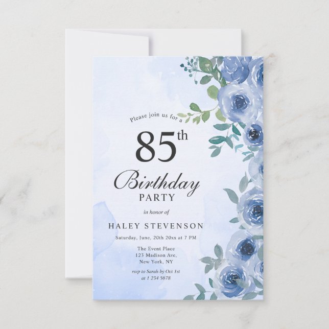 Dusty Blue Watercolor Floral Chic 85th Birthday Invitation (Front)