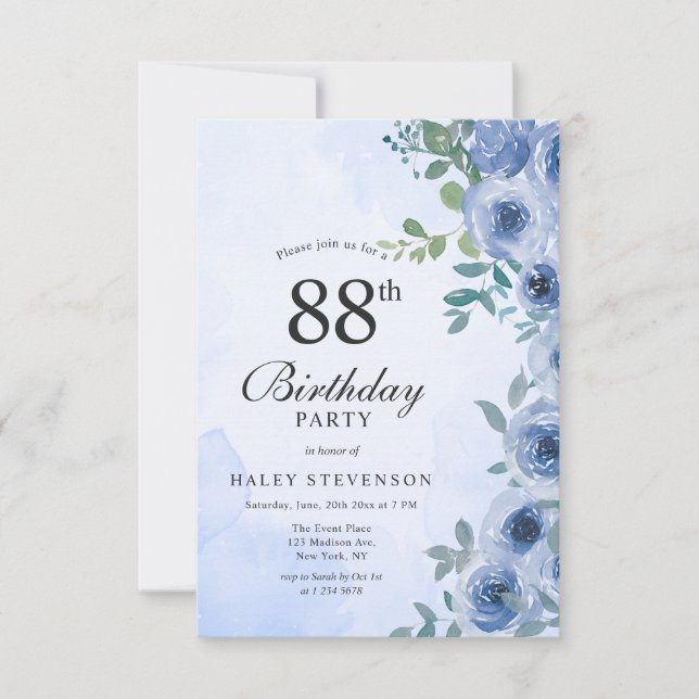 Dusty Blue Watercolor Floral Chic 88th Birthday Invitation (Front)