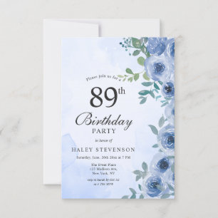 Dusty Blue Watercolor Floral Chic 89th Birthday Invitation