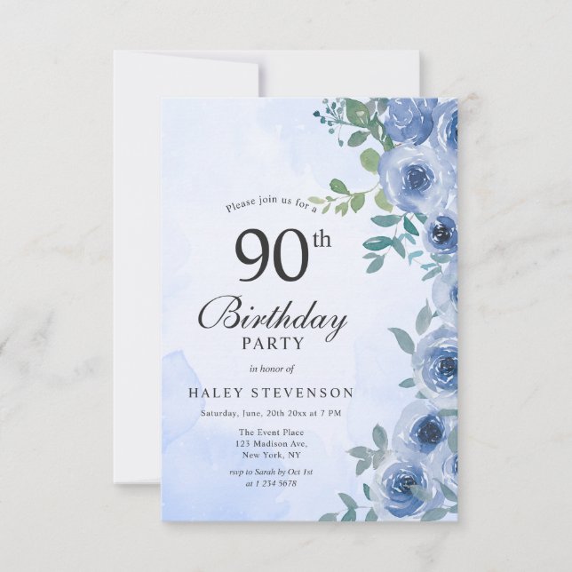 Dusty Blue Watercolor Floral Chic 90th Birthday Invitation (Front)