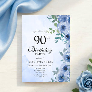 Dusty Blue Watercolor Floral Chic 90th Birthday Invitation