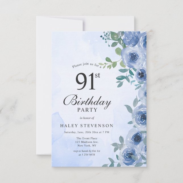 Dusty Blue Watercolor Floral Chic 91st Birthday Invitation (Front)