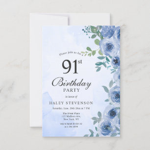 Dusty Blue Watercolor Floral Chic 91st Birthday Invitation