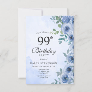 Dusty Blue Watercolor Floral Chic 99th Birthday Invitation