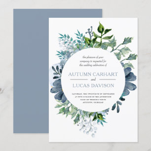 Dusty Blue Watercolor Floral Circle Wedding Invitation