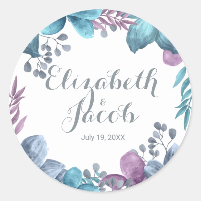 Dusty Blue Watercolor Floral Classic Round Sticker (Front)