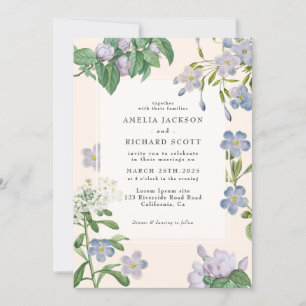 Dusty blue watercolor floral classic wedding invitation