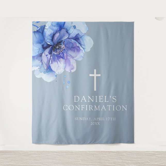 Dusty Blue Watercolor Floral Confirmation Backdrop Tapestry (Front)
