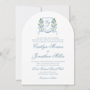 Dusty Blue Watercolor Floral Crest Wedding Arch Invitation
