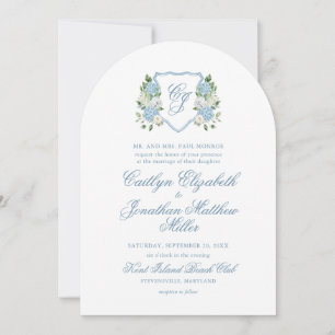 Dusty Blue Watercolor Floral Crest Wedding Arch Invitation