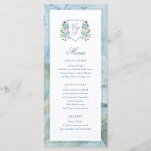 Dusty Blue Watercolor Floral Crest Wedding Menu