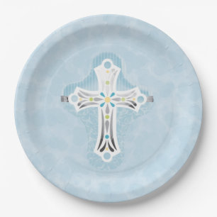 Dusty Blue Watercolor Floral Cross Baptism  Paper Plate