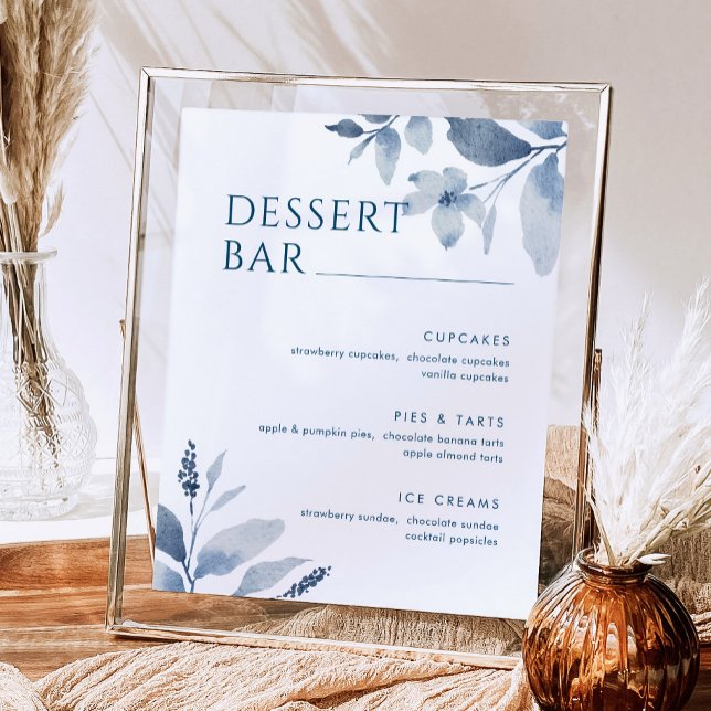 Dusty Blue Watercolor Floral Dessert Bar Menu Sign (Creator Uploaded)