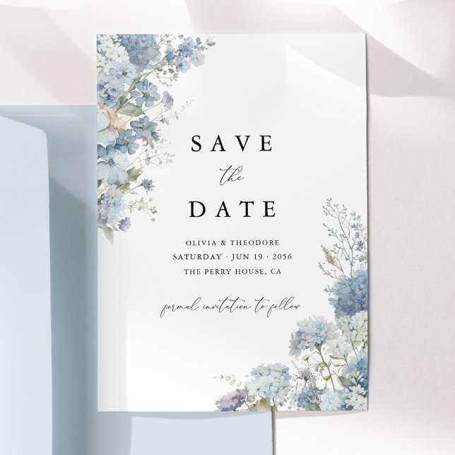 Dusty Blue Watercolor Floral Elegant Save The Date (Dusty blue watercolor floral wedding save the date card, elegant minimal typography, flat lay)
