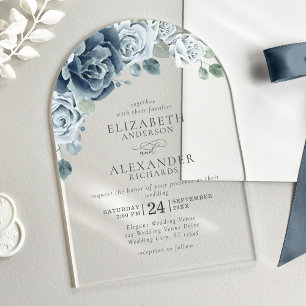 Dusty Blue Watercolor Floral Elegant Wedding Acrylic Invitations