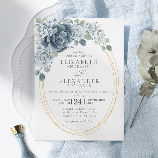 Dusty Blue Watercolor Floral Elegant Wedding Invitation (Creator Uploaded)