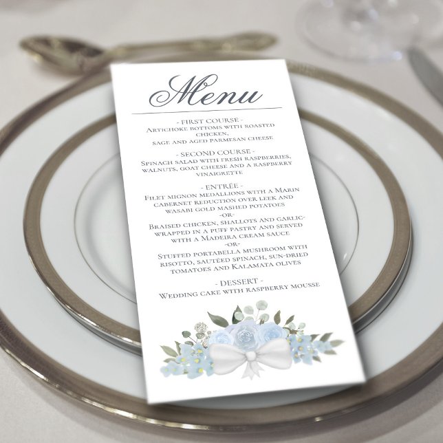 Dusty Blue Watercolor Floral Elegant Wedding Menu (In Situ on Plate)