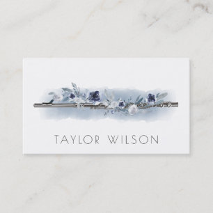 dusty blue watercolor floral flute teacher business card