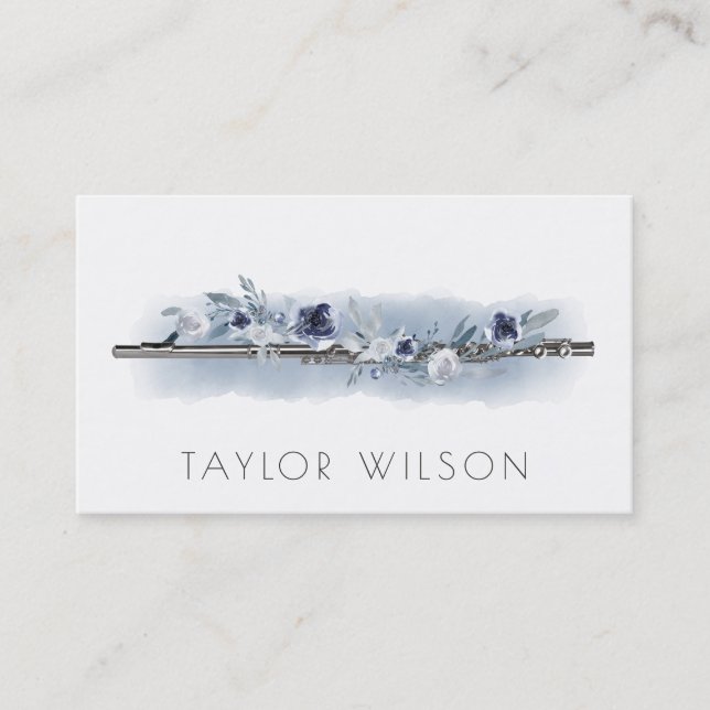 dusty blue watercolor floral flute teacher business card (Front)