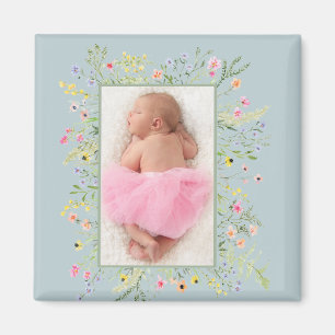 Dusty Blue Watercolor Floral Frame Photo  Magnet