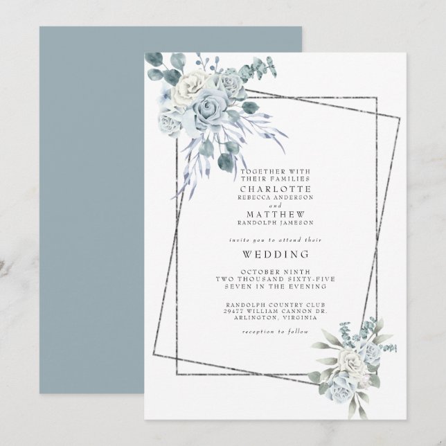 Dusty Blue Watercolor Floral Geometric Wedding Invitation (Front/Back)