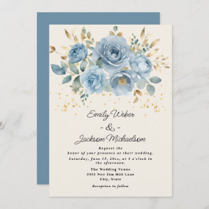 Dusty Blue Watercolor Floral Gold Leaves Wedding Invitation