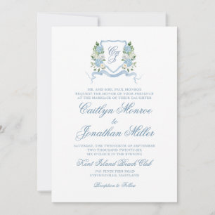 Dusty Blue Watercolor Floral Monogram Wedding Invitation