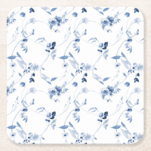 Dusty Blue Watercolor Floral Pattern Wedding Square Paper Coaster