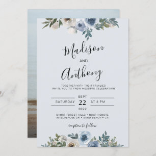 Dusty Blue Watercolor Floral Photo Wedding Invitation