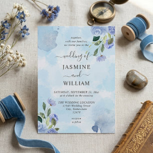 Dusty Blue Watercolor Floral Romantic Wedding Invitation