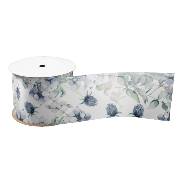 Dusty Blue Watercolor Floral Satin Ribbon (Spool)
