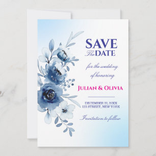 Dusty Blue Watercolor Floral Save the Date Card