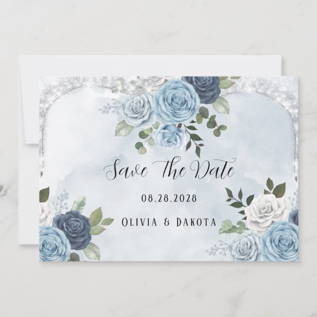Dusty Blue Watercolor Floral Save The Date Cards (Front)