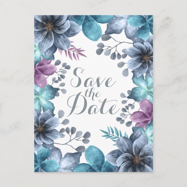 Dusty Blue Watercolor Floral Save the Date Postcard (Front)