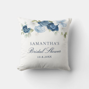 Dusty Blue Watercolor Floral Script Bridal Shower Cushion