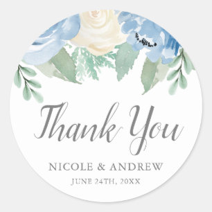 Dusty Blue Watercolor Floral Thank You Classic Round Sticker
